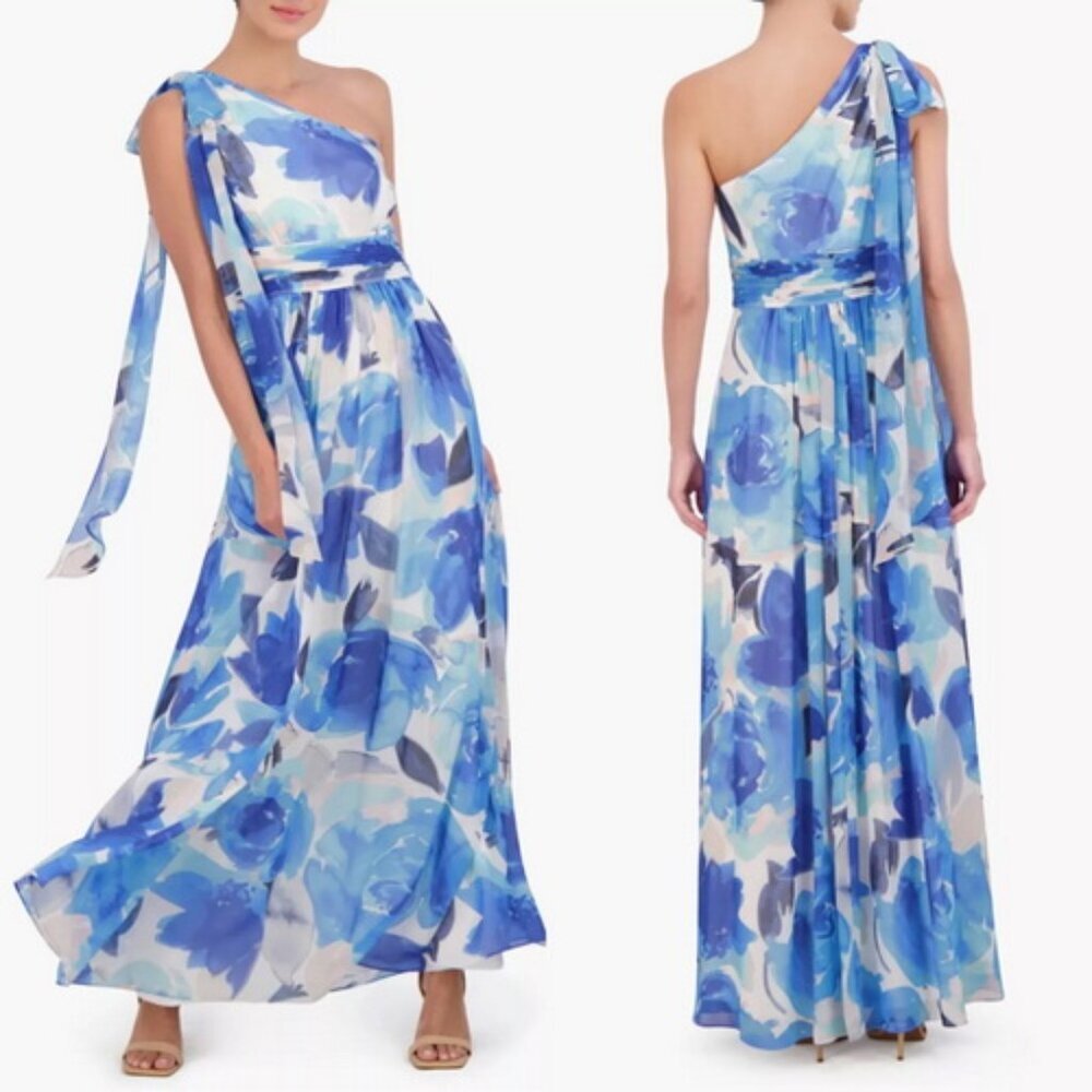 Eliza J Blue Floral One Shoulder Bow Tie Sleeveless Gown
